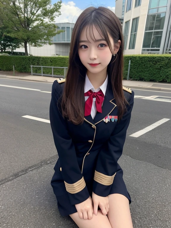 A beautiful girl in uniform。Sitting。looking at the camera。On the road。Leg spread。