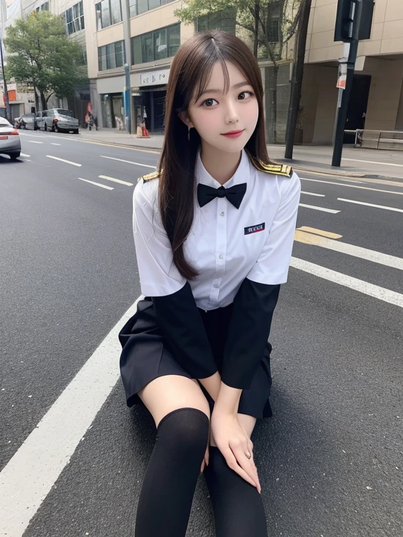 A beautiful girl in uniform。Sitting。looking at the camera。On the road。Leg spread。