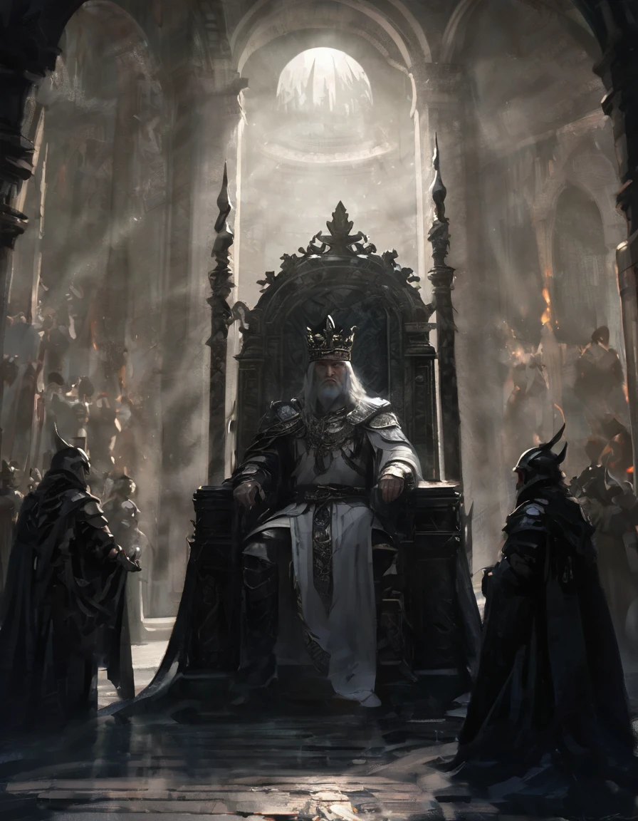 Kindly, Generate an image of an imposing MAN wearing a crown on his head, Sitting authoritatively on a special throne，This throne is located in the center of the radiant cross. He wears a white cloak，Flow around him, Adding a touch of mystery to his figure. In one of your hands, He held a staff that looked majestic. The whole scene takes place during the day, The cobblestone streets cast deep shadows. Around the throne, holy light, Crackling and shining;, Cast a sinister glow around you. His glow disturbed the whole scene。Around the throne，Standing are four Valkyries with different looks and figures, full of divinity，Fence the throne，The combination of daylight and flame creates dramatic contrasts, Revealing the details of the throne, 3d