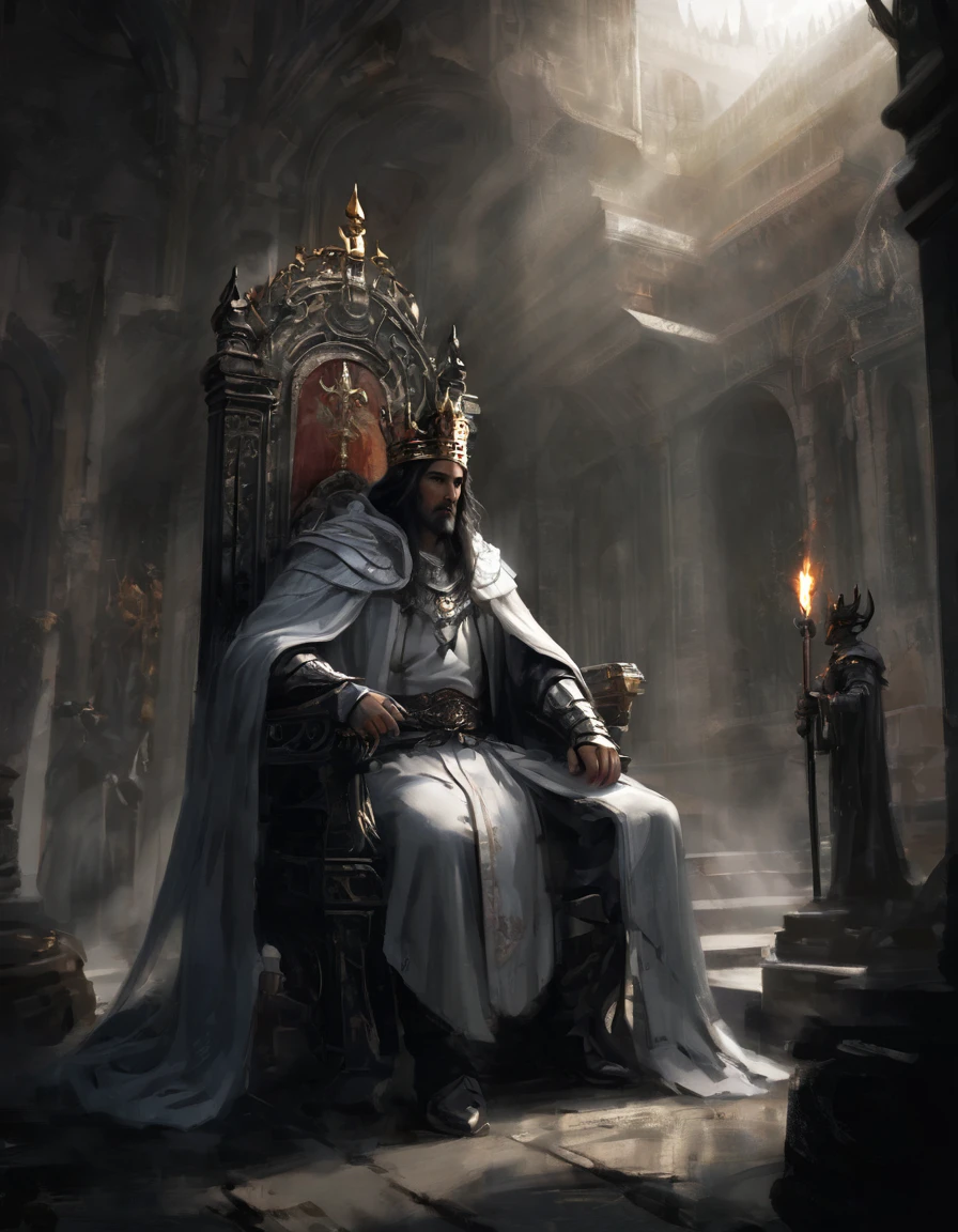 Kindly, Generate an image of an imposing MAN wearing a crown on his head, Sitting authoritatively on a special throne，This throne is located in the center of the radiant cross. He wears a white cloak，Flow around him, Adding a touch of mystery to his figure. In one of your hands, He held a staff that looked majestic. The whole scene takes place during the day, The cobblestone streets cast deep shadows. Around the throne, holy light, Crackling and shining;, Cast a sinister glow around you. His glow disturbed the whole scene。Around the throne，Standing are four Valkyries with different looks and figures, full of divinity，Fence the throne，The combination of daylight and flame creates dramatic contrasts, Revealing the details of the throne, 3d