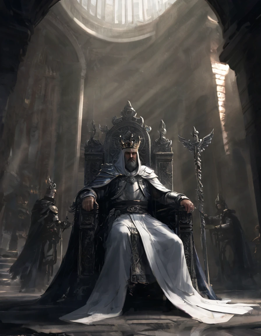 Kindly, Generate an image of an imposing MAN wearing a crown on his head, Sitting authoritatively on a special throne，This throne is located in the center of the radiant cross. He wears a white cloak，Flow around him, Adding a touch of mystery to his figure. In one of your hands, He held a staff that looked majestic. The whole scene takes place during the day, The cobblestone streets cast deep shadows. Around the throne, holy light, Crackling and shining;, Cast a sinister glow around you. His glow disturbed the whole scene。Around the throne，Standing are four Valkyries with different looks and figures, full of divinity，Fence the throne，The combination of daylight and flame creates dramatic contrasts, Revealing the details of the throne, 3d