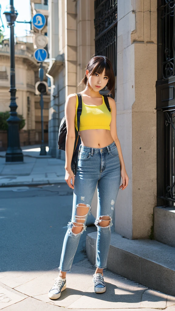 1 female, solo, Misty from Pokemon, masterpiece, very detailed, EnvyBetterHands LoCon, standing position, streets background, realistic body proportion, wearing a denim short, yellow crop top with straps, EnvyBetterHands LoCon
