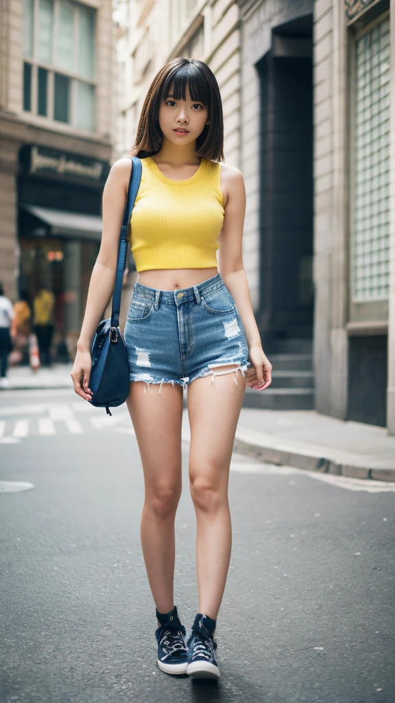 1 female, solo, Misty from Pokemon, masterpiece, very detailed, EnvyBetterHands LoCon, standing position, streets background, realistic body proportion, wearing a denim short, yellow crop top with straps, EnvyBetterHands LoCon