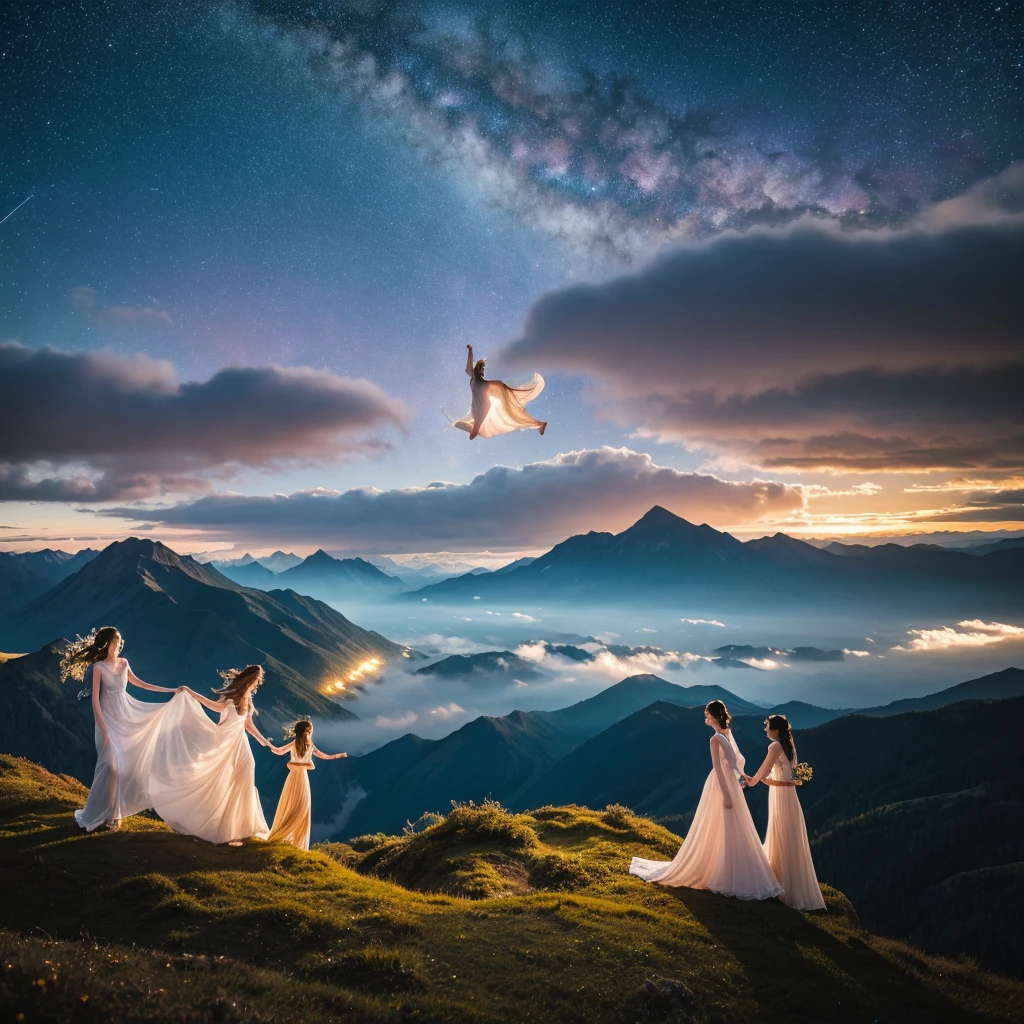 "A celestial landscape featuring three lovely, beautiful women floating gracefully. The scene is dreamy and serene, with light trails and star effects creating a heavenly atmosphere. The women seem weightless, their movements fluid and serene.