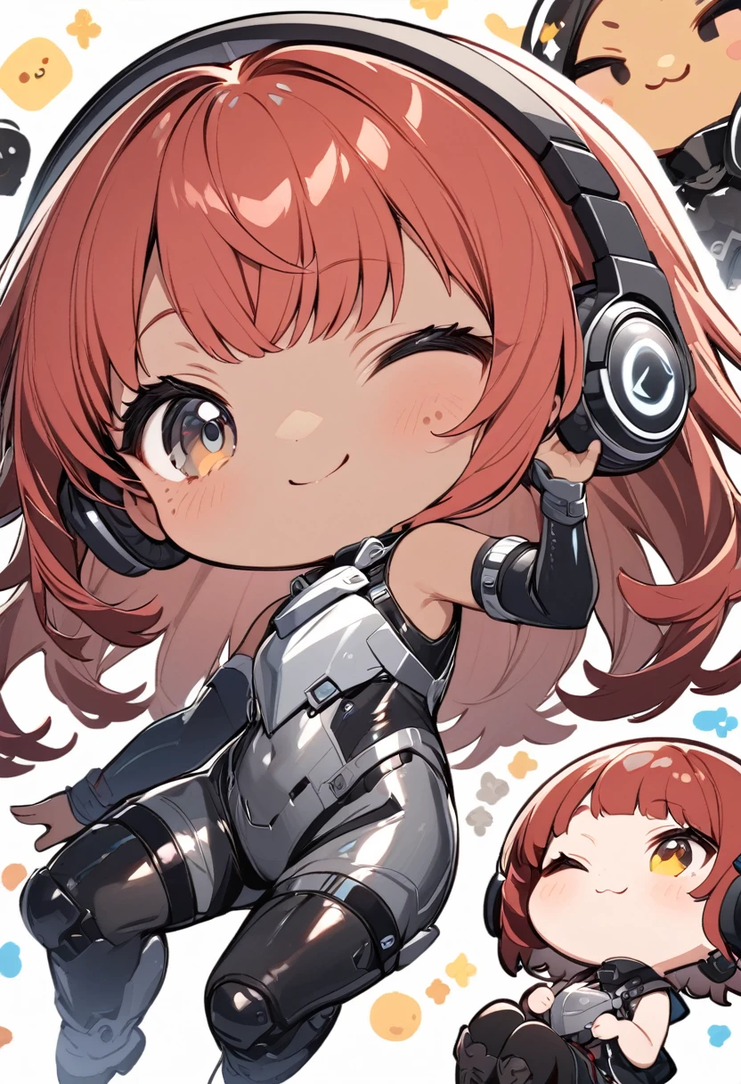 full body,1 girl,(cute:1.3),red Hair, left eye blue, right eye yellow, tan skin, freckles,{White breastplate, Black futuristic headphones, Mechanical black glossy metallic Bodysuit, Bare shoulders, oversized jacket, Glossy, shiny material,chibi emote, chibi character, cute pose, inverted peace sign
