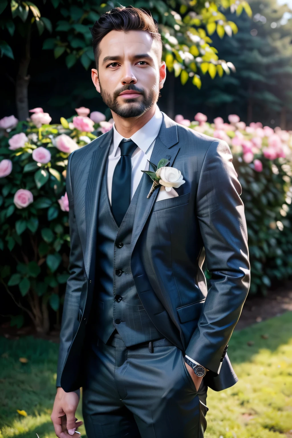 full body shot, groom in groom clothes waiting, happy, realistically, natural lights, gray stubble, full session, realistic eyes, (extremely detailed 8k CG unity wallpaper), trending on ArtStation, trending on CGSociety, high detail, sharp focus, dramatic, photorealistic, 8k hd ultra super face, garden background, morning day