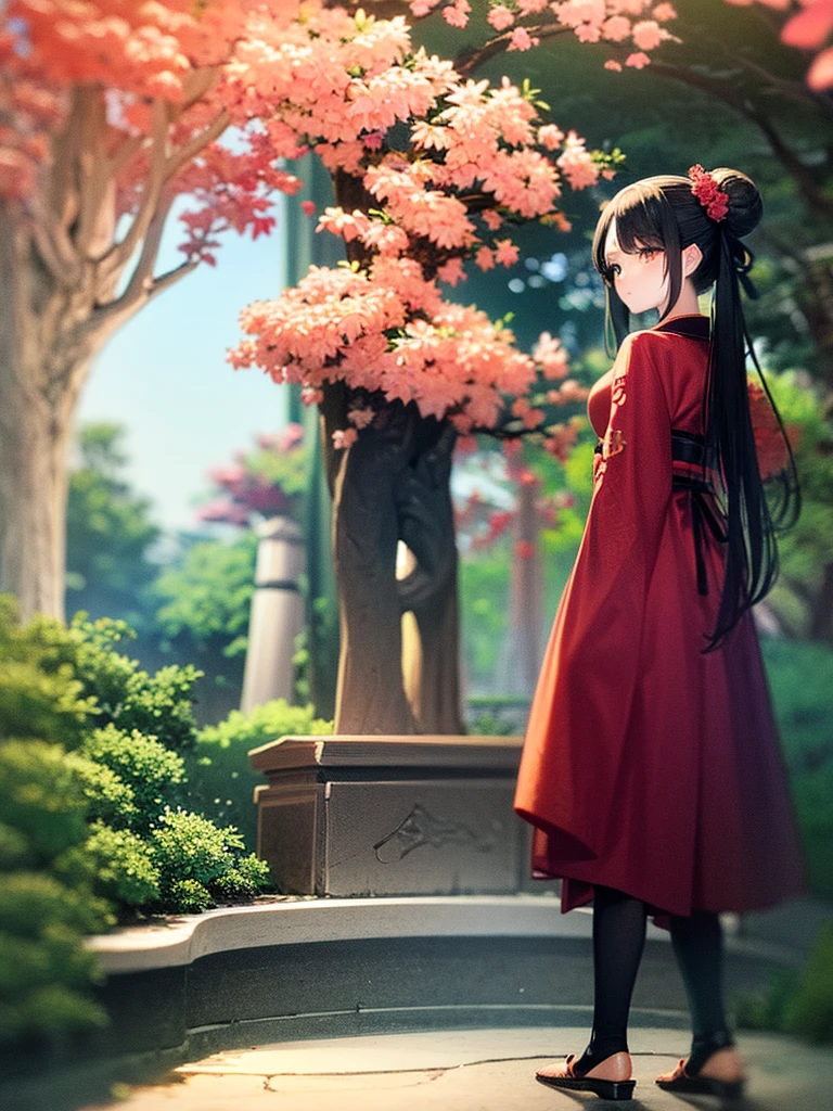 ((masterpiece,best quality)),2girls, black kimono, black legwear, black ribbon, black hair, cherry blossoms, day, flower, hair bun, hair ribbon, japanese clothes, kimono, long hair, looking at viewer, looking back , multiple girls, belts, outdoors, red eyes, red hair, ribbon, sandals, single bun, stairs, standing, statue, torii, tree, white kimono, yellow eyes