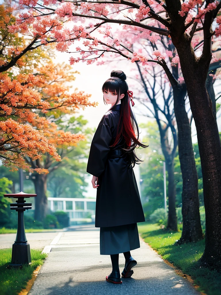 ((masterpiece,best quality)),2girls, black kimono, black legwear, black ribbon, black hair, cherry blossoms, day, flower, hair bun, hair ribbon, japanese clothes, kimono, long hair, looking at viewer, looking back , multiple girls, belts, outdoors, red eyes, red hair, ribbon, sandals, single bun, stairs, standing, statue, torii, tree, white kimono, yellow eyes