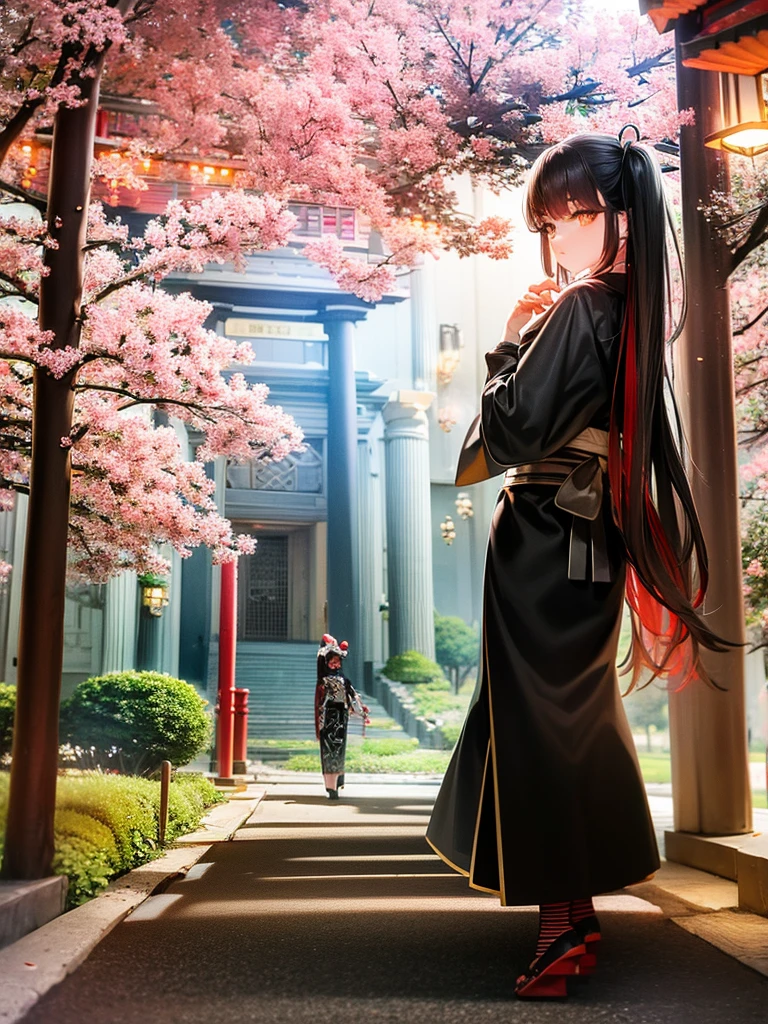 ((masterpiece,best quality)),2girls, black kimono, black legwear, black ribbon, black hair, cherry blossoms, day, flower, hair bun, hair ribbon, japanese clothes, kimono, long hair, looking at viewer, looking back , multiple girls, belts, outdoors, red eyes, red hair, ribbon, sandals, single bun, stairs, standing, statue, torii, tree, white kimono, yellow eyes
