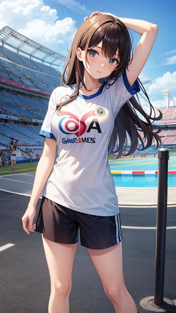 Anime girl, wear t-shirt half Colombia half Japan, olimpic games,