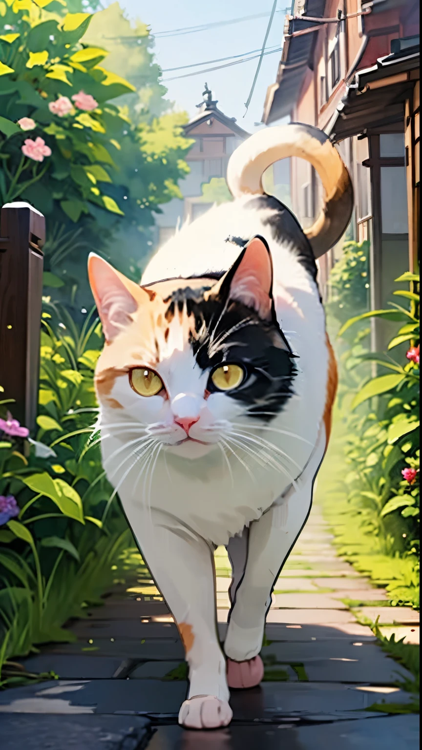 (masterpiece),(Highest quality),(Very detailed),(High resolution),((Line art)),((watercolor)),8K,wallpaper,A very detailed drawing of a calico cat、Insane Details、Very detailed猫、A calico cat strolling around as if it owns the place、Calico cat walking on the promenade、Old townscape of Japan、A path lined with plants、Different world、The Creation of Silence、Long Shot、The subject is small、