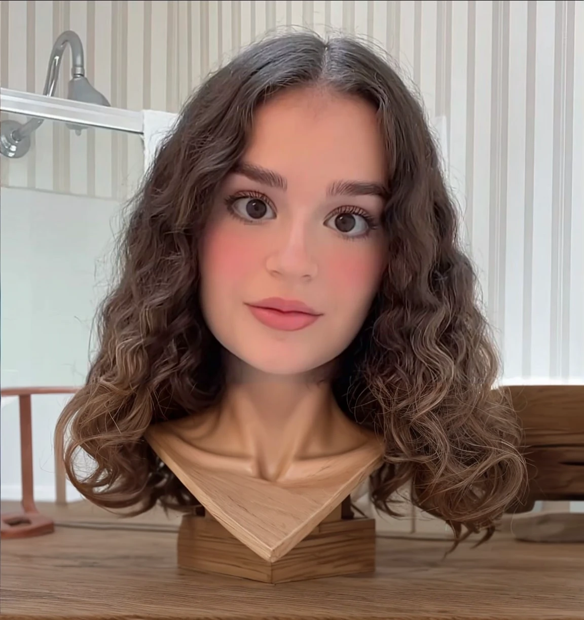 A mannequin head on a wooden table.