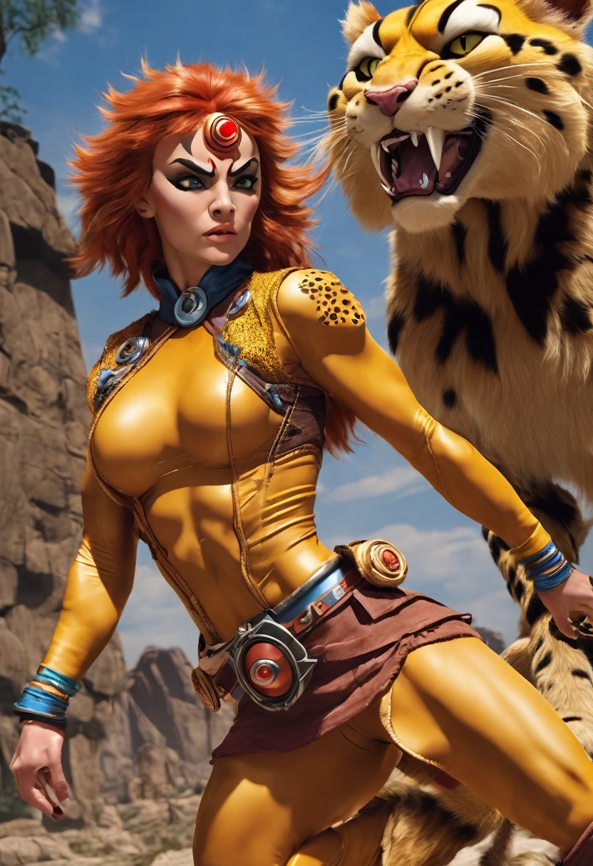 obra-prima, ultra alta qualidade, ultra high-definition, 8K, totalmente realista, Cheetara (Thundercats), identical to the drawing, fiel ao desenho, igual ao desenho, muito parecido com o desenho, trajes originais, roupas originais, extremamente bonita, sozinha, de corpo inteiro, rosto altamente detalhado, olhos totalmente detalhados, olhos perfeitos, perfect strokes, corpo muito bonito, corpo perfeito, pele natural texture, sorriso alegre, fazendo pose, sexy, nitidez total, (foto realista)
