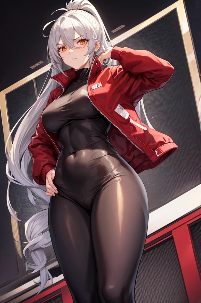 Tall, slim, She has long grey hair tied back in an enormous, messy ponytail that reaches down to her thighs, some of her hair is covering one of her eyes, she wears a red jacket, wearing a black full-body suit, golden eyes, angle from below