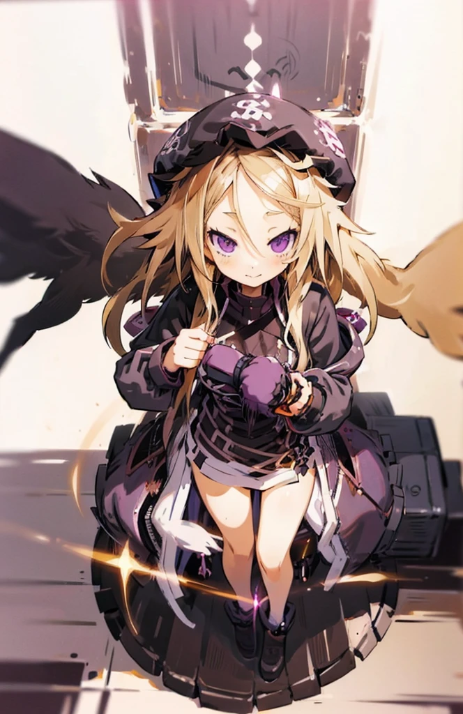 High detailed, 1 girl, wavy hairstyle, dark-blondie hair, detailed eyes, violet eyes, big buson, chunky, berserker clothes, fluffy skirt, fluffy boots, Grim grin, Full body