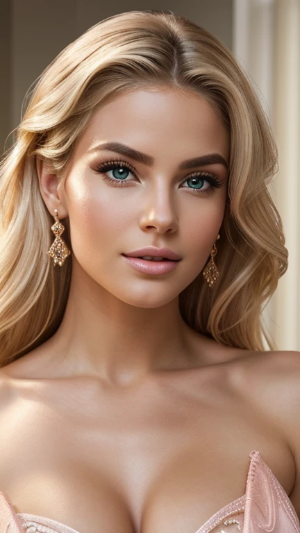 "A realistic cinematic image of a blonde woman with big lips and big breasts, with soft lighting that highlights your face and body. His muscular arms and contoured abs are visible, as she poses with confidence and glamor. (fully body)""The young and beautiful face fills the screen in high definition. Your flawless, radiant skin reflects light softly, highlighting your perfect complexion. Your expressive eyes are like two shining emeralds, conveying depth and mystery. Delicately shaped, pink lips add a touch of sensuality to her angelic face. Every detail, from long, curled eyelashes to perfectly arched eyebrows, contributes to the beauty and elegance of this stunning woman." "