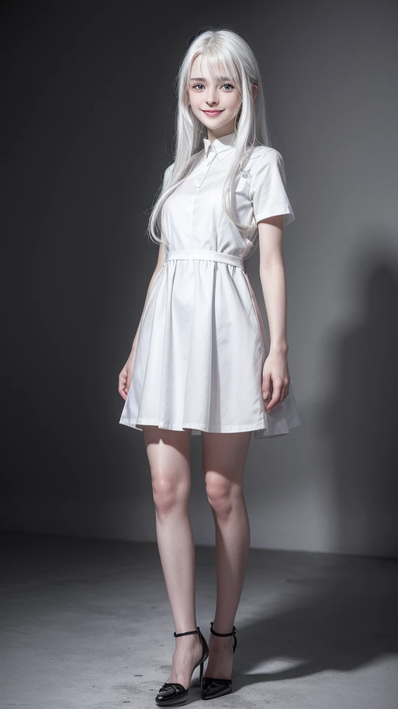 female teenager with white hair, white skin and blue eyes smiling in short black dress full body