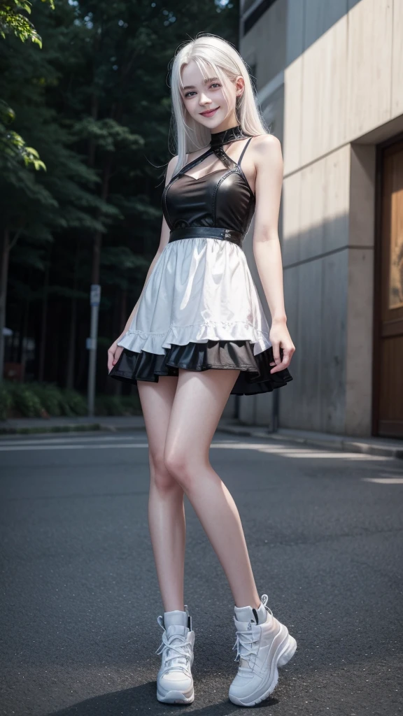 female teenager with white hair, white skin and blue eyes smiling in short black dress full body 