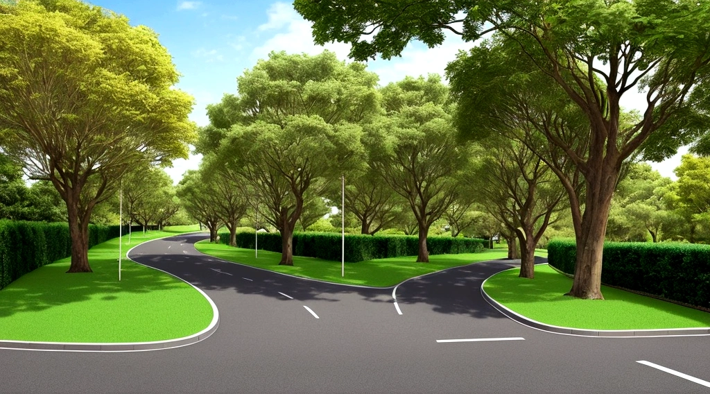 Green space view next to the house,There is a resting area for residents at the bend of the road,The changing roads give residents a visually different experience
