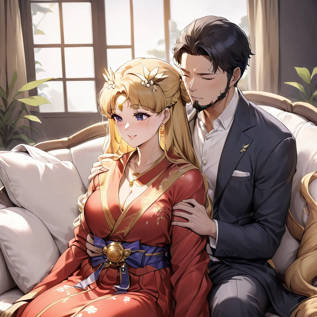 ((Highest quality)), ((masterpiece)), (detailed), （Perfect Face）、The woman is a Chinese woman named Tsukino Usagi, wearing a gorgeous, glittering red Hanfu with lots of gold embroidery, a gorgeous hair ornament, gorgeous jeweled accessories and an engagement ring. The woman and the man are sitting on a gorgeous, large sofa in a gorgeous room, and the woman is passionately embracing and passionately deep kissing the middle-aged Chinese man wearing a dignified and sturdy Hanfu, making passionate love as husband and wife.、The woman is the elegant Tsukino Usagi, a Chinese woman with long blonde hair in a chignon twin tail and wearing a red Hanfu with gorgeous gold embroidery all over it.、The man is a dignified, muscular, bearded, middle-aged Chinese man wearing the traditional Chinese dress, Hanfu.