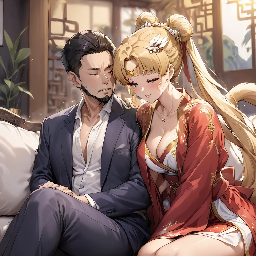 ((Highest quality)), ((masterpiece)), (detailed), （Perfect Face）、The woman is a Chinese woman named Tsukino Usagi, wearing a gorgeous, glittering red Hanfu with lots of gold embroidery, a gorgeous hair ornament, gorgeous jeweled accessories and an engagement ring. The woman and the man are sitting on a gorgeous, large sofa in a gorgeous room, and the woman is passionately embracing and passionately deep kissing the middle-aged Chinese man wearing a dignified and sturdy Hanfu, making passionate love as husband and wife.、The woman is the elegant Tsukino Usagi, a Chinese woman with long blonde hair in a chignon twin tail and wearing a red Hanfu with gorgeous gold embroidery all over it.、The man is a dignified, muscular, bearded, middle-aged Chinese man wearing the traditional Chinese dress, Hanfu.