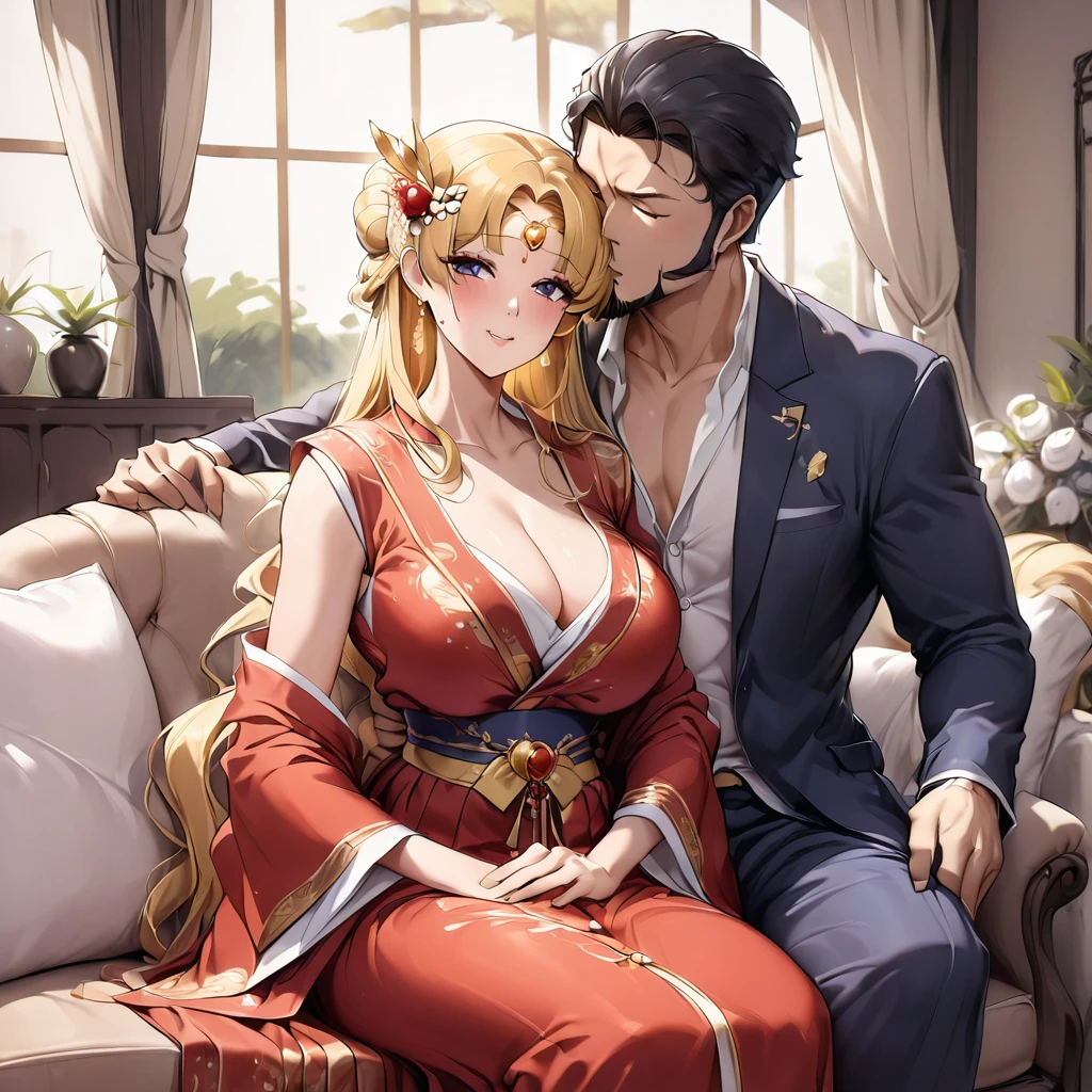 ((Highest quality)), ((masterpiece)), (detailed), (Perfect Face)、The woman is a Chinese woman named Tsukino Usagi, wearing a gorgeous, glittering red Hanfu with lots of gold embroidery, a gorgeous hair ornament, gorgeous jeweled accessories and an engagement ring. The woman and the man are sitting on a gorgeous, large sofa in a gorgeous room, and the woman is passionately embracing and passionately deep kissing the middle-aged Chinese man wearing a dignified and sturdy Hanfu, making passionate love as husband and wife.、The woman is the elegant Tsukino Usagi, a Chinese woman with long blonde hair in a chignon twin tail and wearing a red Hanfu with gorgeous gold embroidery all over it.、The man is a dignified, muscular, bearded, middle-aged Chinese man wearing the traditional Chinese dress, Hanfu.