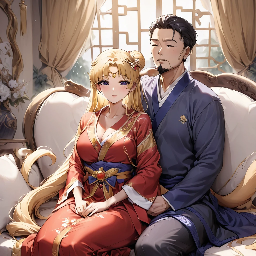 ((Highest quality)), ((masterpiece)), (detailed), （Perfect Face）、The woman is a Chinese girl named Tsukino Usagi, dressed in a gorgeous, glittering red Hanfu outfit with lots of gold embroidery, a gorgeous hair ornament, gorgeous jeweled accessories and an engagement ring. The two are sitting on a gorgeous, large sofa in a gorgeous room, and the woman is being held in the arms of a dignified, middle-aged Chinese man dressed in Hanfu.、The woman is the elegant Tsukino Usagi, a Chinese woman with long blonde hair in a chignon twin tail and wearing a red Hanfu with gorgeous gold embroidery all over it.、The man is a dignified, muscular, bearded, middle-aged Chinese man wearing the traditional Chinese dress, Hanfu.、The woman is holding her 