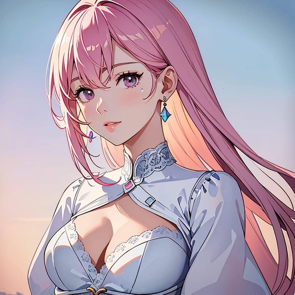 (masterpiece, high quality, best quality, 4k, 8k:1.4), 1girl, solo, pink hair, brown eyes, double-parted bangs, long hair, (mature female, mature:1.2), mole under eye, earrings, strap white and red dress, detailed face, beautiful detailed eyes, beautiful detailed lips, extremely detailed face, long eyelashes, intricate details, soft lighting, soft color pallette, perfect anatomy