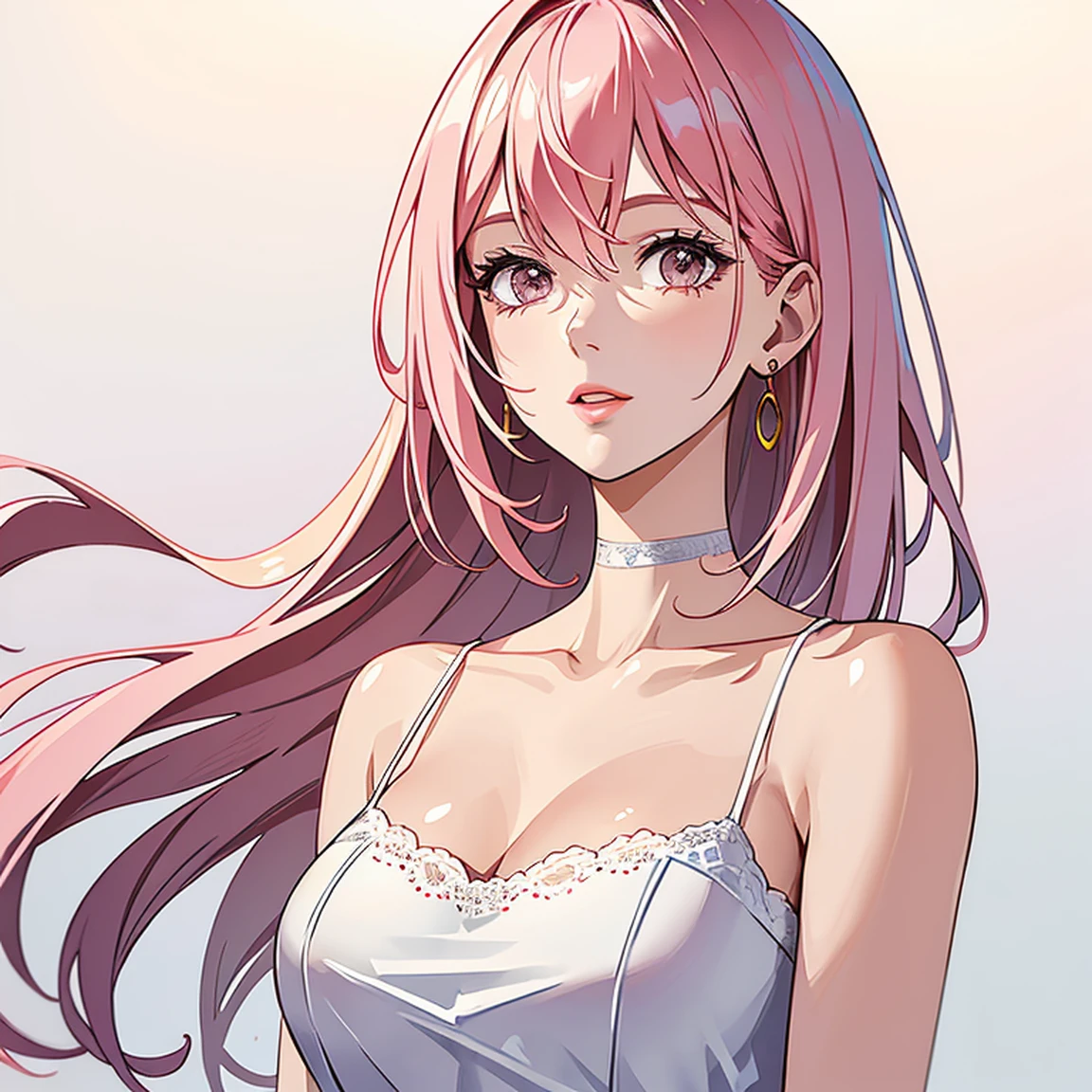 (masterpiece, high quality, best quality, 4k, 8k:1.4), 1girl, solo, pink hair, brown eyes, double-parted bangs, long hair, (mature female, mature:1.2), mole under eye, earrings, strap white and red dress, detailed face, beautiful detailed eyes, beautiful detailed lips, extremely detailed face, long eyelashes, intricate details, soft lighting, soft color pallette, perfect anatomy