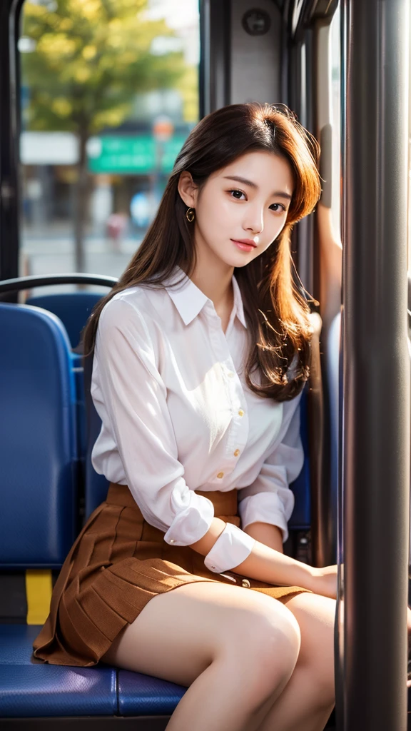 A beautiful Korean girl in a with a skirt above knee length, an extremely detailed and realistic portrait, high quality, photorealistic, 8k, vivid colors, studio lighting, warm color tones, detailed facial features, piercing eyes, perfectly sculpted lips, delicate skin, flowing hair, beautiful expression, elegant posture, pleated skirt, waiting in bus stop, natural lighting, spotlights on face, intricate details, hyper-realistic, award-winning digital art, beautiful bright soft thighs, realistic skin, realistic face, Realistic beauty