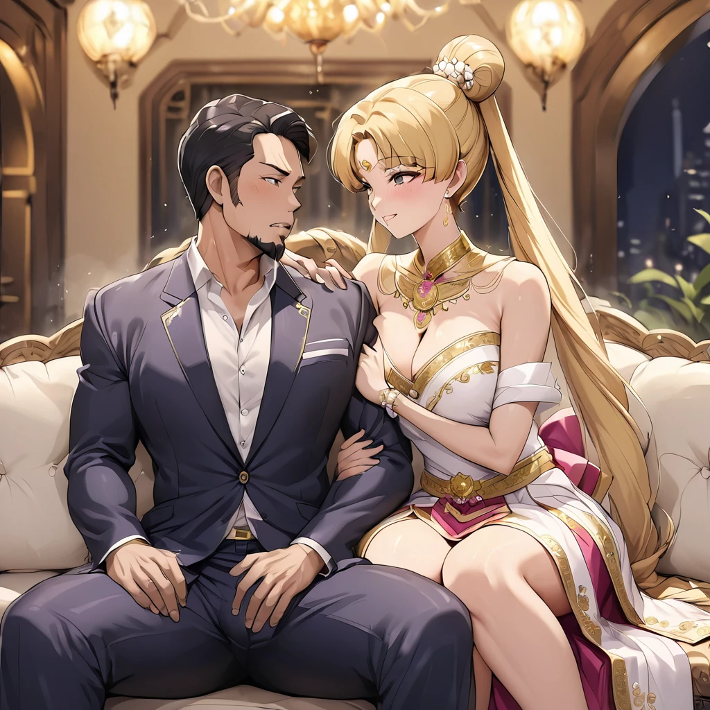 ((Highest quality)), ((masterpiece)), (detailed), (Perfect Face)、The woman is a Thai woman named Tsukino Usagi, and is in a luxurious Thai mansion wearing a gorgeous, glittering siwalai with gold embroidery, gorgeous jeweled accessories, and an engagement ring. The woman and the man are sitting on a luxurious, large sofa in the luxurious room, and the woman is passionately embracing and passionately deep kissing the middle-aged Thai man wearing a dignified and sturdy Thai national costume, making passionate love as a married couple.、The woman is the elegant Tsukino Usagi, a Thai girl with long blonde hair in a chignon twin tail, wearing a luxurious siwa-rai.、The man is a dignified, muscular, bearded, middle-aged Thai man wearing a Sua Praratchathan.