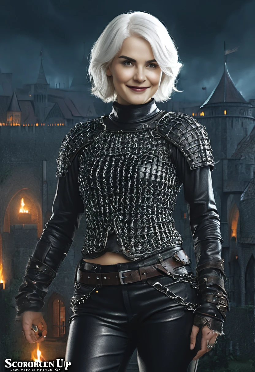 sabrina, solo, 1girl, white hair, short hair, smile, looking at the viewer, leather trousers, chainmail top, score_9, score_8_up, score_7_up, score_6_up, score_5_up, score_4_up, looking at the viewer, hand on own hip, a medieval city at night under siege,  