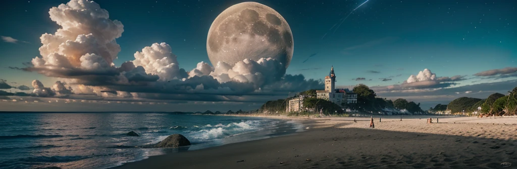 castle, flower, delicate scene, sky, white clouds, and the sun shines on the snow-white beach.. bird, pink flower and bright big shells, crystal diamond, on the beach, Fantasy, night sky, moon, smoke, electricity, photograph, HD, 8K, UHD, Awesome details, High quality, 1080P  