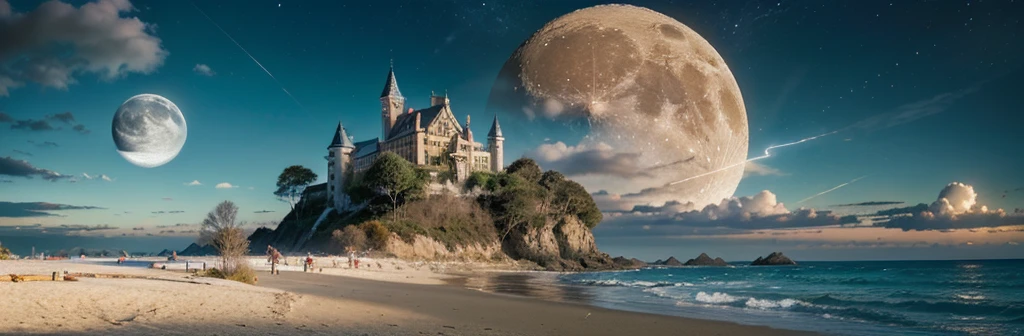 castle, flower, delicate scene, sky, white clouds, and the sun shines on the snow-white beach.. bird, pink flower and bright big shells, crystal diamond, on the beach, Fantasy, night sky, moon, smoke, electricity, photograph, HD, 8K, UHD, Awesome details, High quality, 1080P