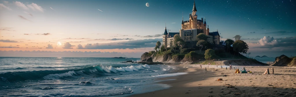 castle, flower, delicate scene, sky, white clouds, and the sun shines on the snow-white beach.. bird, pink flower and bright big shells, crystal diamond, on the beach, Fantasy, night sky, moon, smoke, electricity, photograph, HD, 8K, UHD, Awesome details, High quality, 1080P