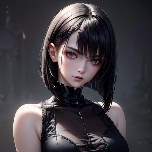 Bust portrait of anime beauty vampire girl (short Bob white realistic hair, some black locks), perfect face, realistic skin ((((high detailed skin)))), black lips, in realistic, hyper detailed white elegant dress, ((beauty realistic eyes)), Bloodbourne style.