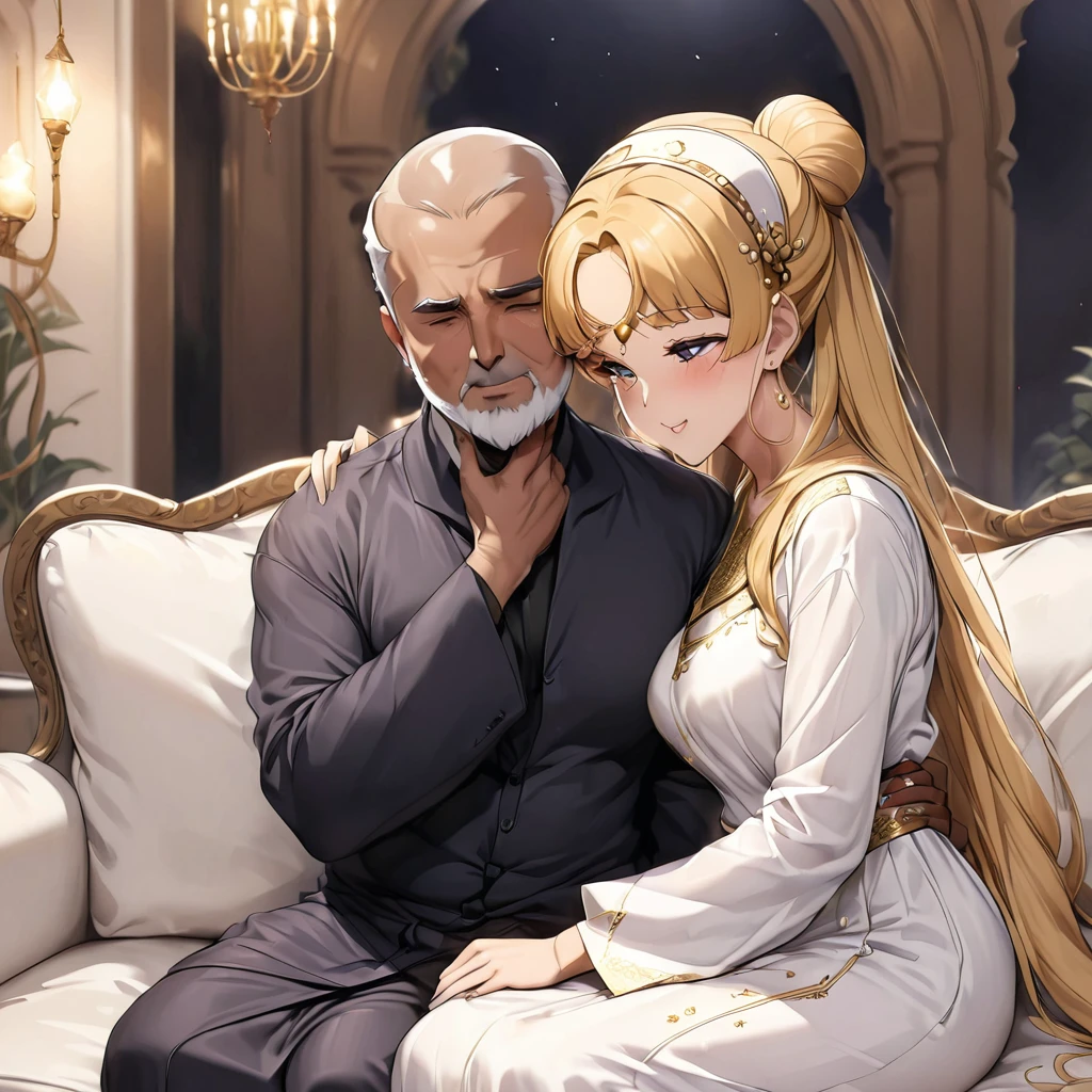 ((Highest quality)), ((masterpiece)), (detailed), (Perfect Face)、The woman is Tsukino Usagi, an Arab Muslim with vivid brown skin, and is wearing a gorgeous, glittering abaya with gold embroidery, a gorgeous hijab, a gorgeous hair ornament, gorgeous jeweled accessories, and an engagement ring in a luxurious Islamic mansion. The woman and the man are sitting on a luxurious, large sofa in the luxurious room, and the woman is passionately embracing and passionately deep kissing the dignified, bearded, middle-aged Arab Muslim man wearing Arab national dress, making passionate love as a married couple.、The woman is the elegant Tsukino Usagi, with long blonde hair in a chignon twin tail, wearing an abaya and a gorgeous hijab, and a bright brown-skinned Muslim Arab.、(The woman is a dark-skinned Arab Muslim named Tsukino Usagi)、The man is a Muslim, dignified, strong-looking, bearded, middle-aged Arab man wearing traditional Arab clothing.