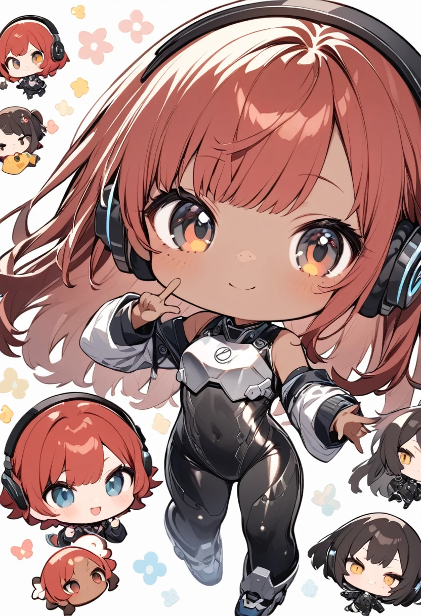 full body,1 girl,(cute:1.3),red Hair, left eye blue, right eye yellow, tan skin, freckles,｛White breastplate, Black futuristic headphones, Mechanical black glossy metallic Bodysuit, Bare shoulders, oversized jacket, Glossy, shiny material,chibi emote, chibi character, cute pose, peace sign
