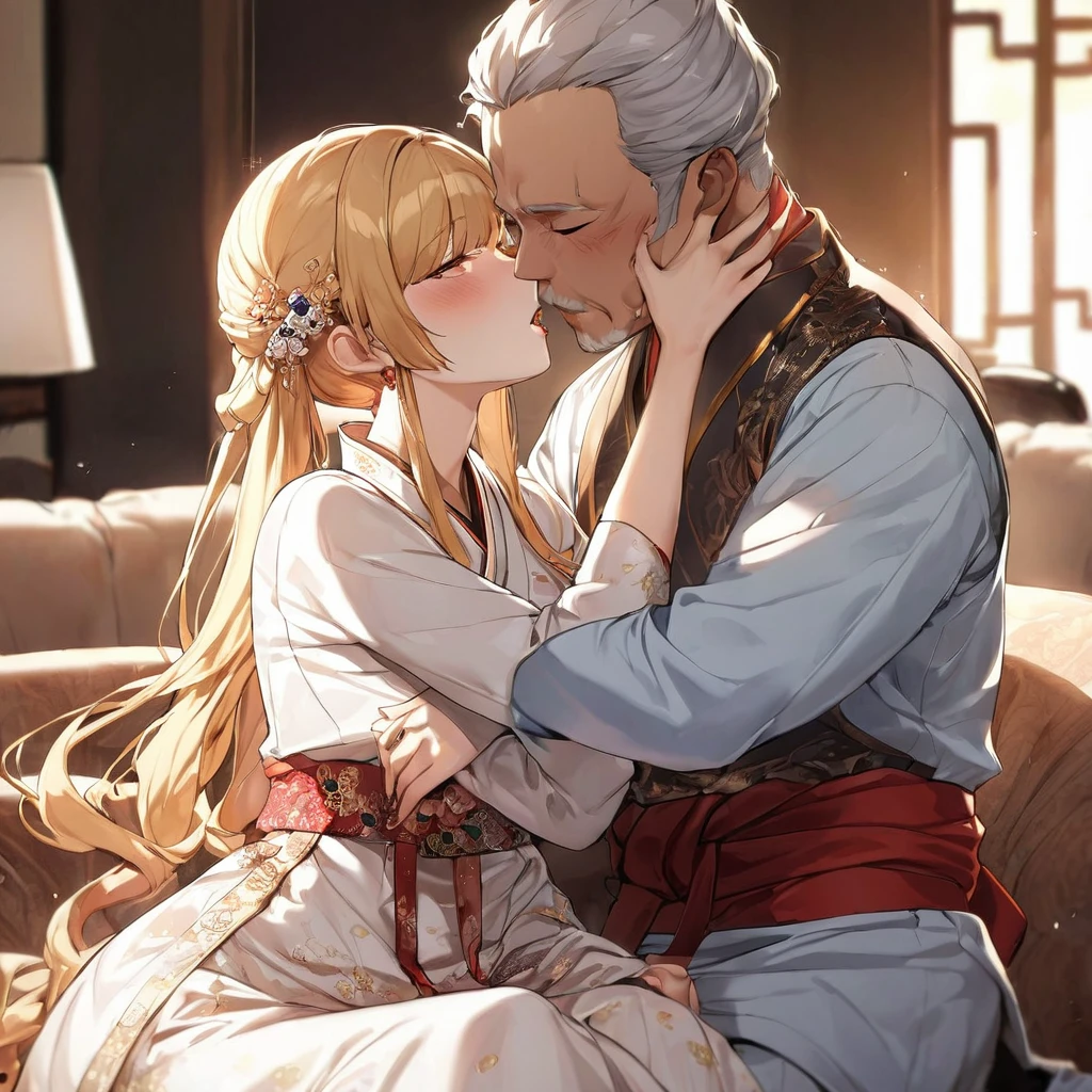 ((Highest quality)), ((masterpiece)), (detailed), (Perfect Face)、The woman is Korean Tsukino Usagi, and in a luxurious Korean mansion, she is wearing a gorgeous and dazzling traditional Korean dress called a hanbok, a gorgeous hair ornament, gorgeous jeweled accessories, and an engagement ring. The woman and the man are sitting on a gorgeous, large sofa in the luxurious room, and the woman is passionately embracing and passionately kissing the middle-aged Korean man wearing a dignified and sturdy hanbok, making passionate love as husband and wife.、The woman is the elegant Tsukino Usagi, a Korean woman with long blonde hair in a chignon twin tail, wearing the traditional Korean dress, Chima Chogori.、The man is a dignified, sturdy middle-aged Korean man wearing the traditional Korean dress, Hanbok.