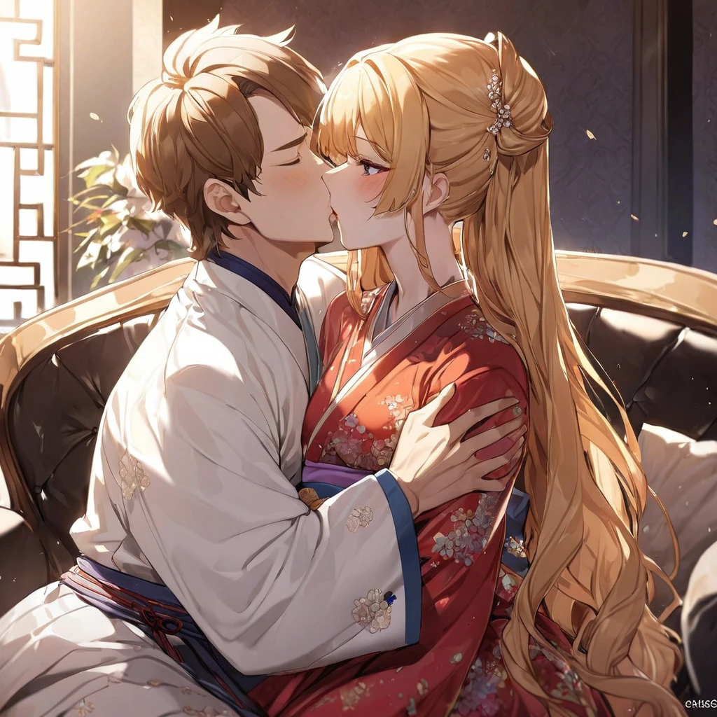 ((Highest quality)), ((masterpiece)), (detailed), (Perfect Face)、The woman is Korean Tsukino Usagi, and in a luxurious Korean mansion, she is wearing a gorgeous and dazzling traditional Korean dress called a hanbok, a gorgeous hair ornament, gorgeous jeweled accessories, and an engagement ring. The woman and the man are sitting on a gorgeous, large sofa in the luxurious room, and the woman is passionately embracing and passionately kissing the middle-aged Korean man wearing a dignified and sturdy hanbok, making passionate love as husband and wife.、The woman is the elegant Tsukino Usagi, a Korean woman with long blonde hair in a chignon twin tail, wearing the traditional Korean dress, Chima Chogori.、The man is a dignified, sturdy middle-aged Korean man wearing the traditional Korean dress, Hanbok.