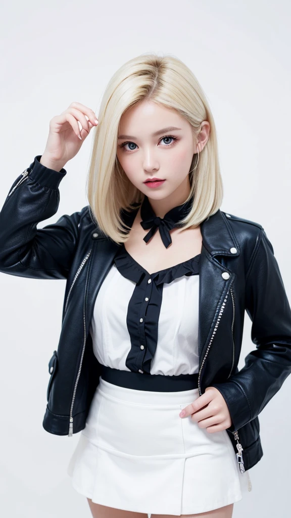 (((forehead、White Blonde Hair、Northern Europe、White people、beautiful girl、Blonde、White background、open jacket、mini skirt )))、table top, highest quality, figure, super detailed, finely, High resolution, 8k wallpaper, Perfect dynamic composition, detailed and beautiful eyes, Deco out,bionde, medium hair, big breasts, Natural color lip,white background, random cute poses,frill dress
