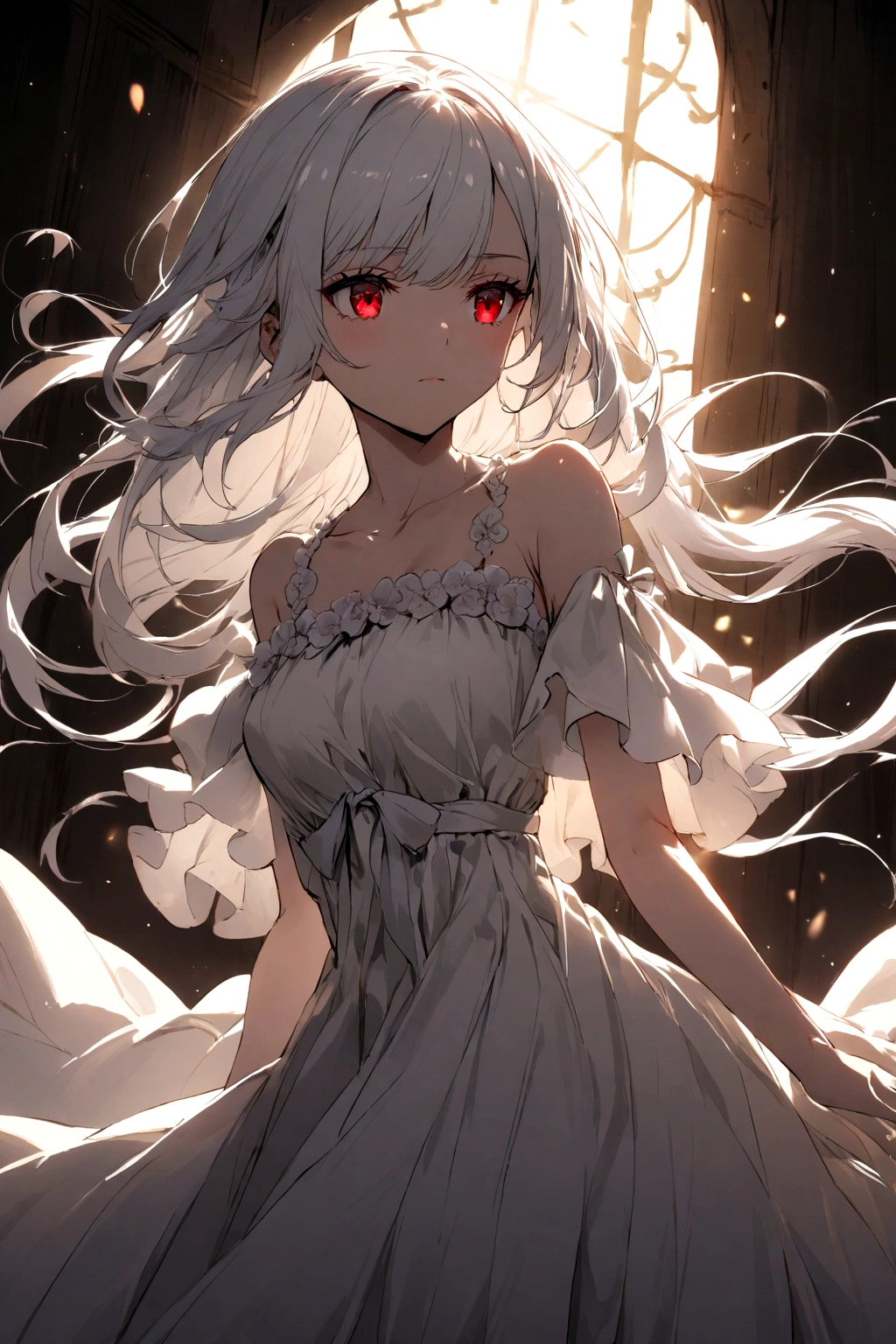 A princess with white hair and red eyes wearing a dress and has medium tits