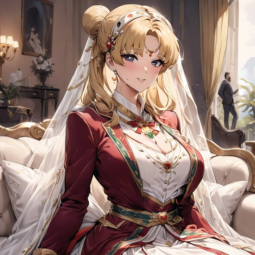 ((Highest quality)), ((masterpiece)), (detailed), （Perfect Face）、The woman is an Italian named Tsukino Usagi, and in a luxurious Italian mansion, she is wearing the gorgeous and glittering Italian traditional Sardinian costume, a lavishly decorated velvet jacket, a long veil, gorgeous jeweled accessories and an engagement ring. The woman and the man are sitting on a luxurious, large sofa in the luxurious room, and the woman is passionately embracing and passionately kissing the dignified, bearded middle-aged man wearing the Italian traditional costume, making passionate love as a married couple.、The woman is the elegant Tsukino Usagi, with long blonde hair in a chignon twin tail, wearing a velvet jacket decorated with the Italian national costume of Sardinia, and a long veil.、The man is a dignified, muscular, bearded Italian man dressed in Italian national dress.