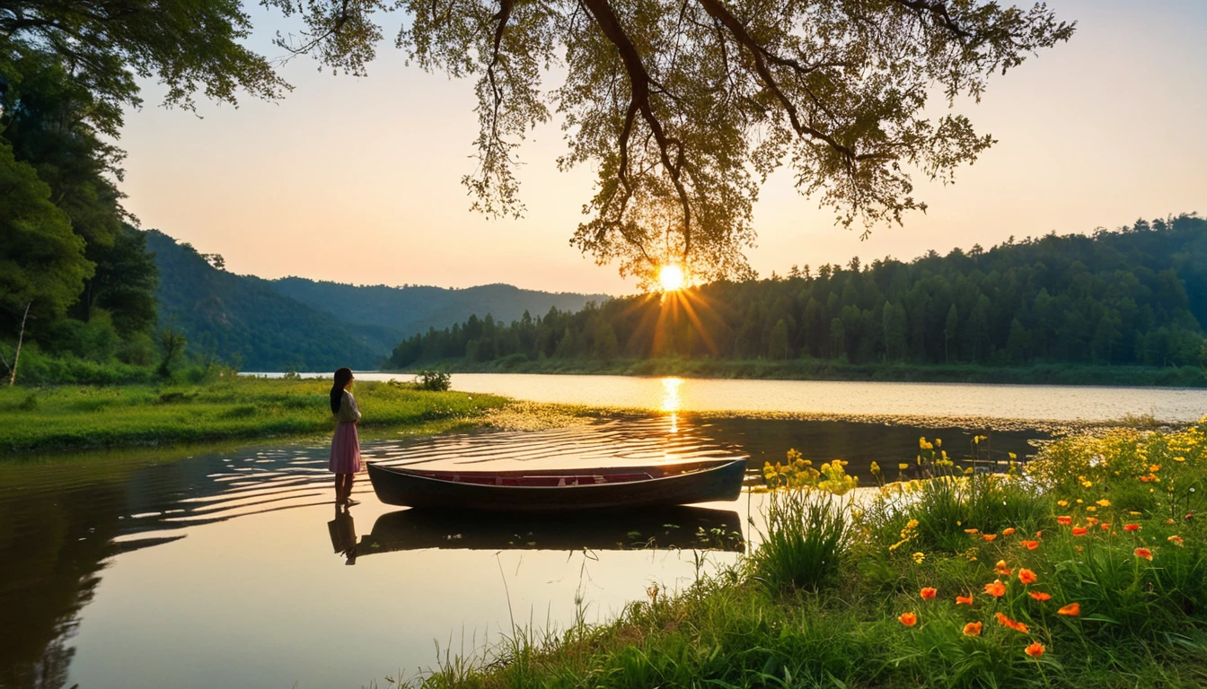 sight, nature, sky, outdoors, water, tree, grass, lake, flower, boat, sunlight, transport mode of transport, reflect, solo, river, female, forest, sunset, sunset, legendary scenery