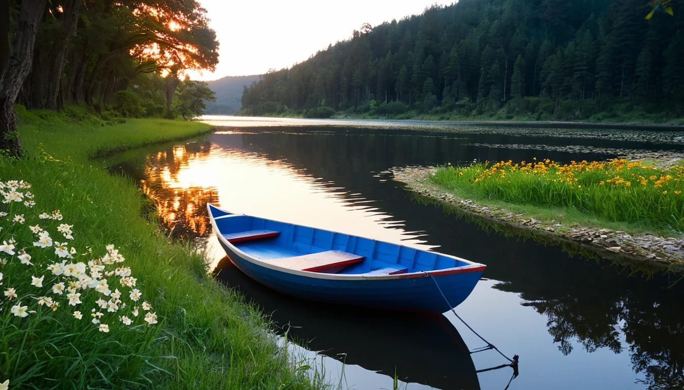 sight, nature, sky, outdoors, water, tree, grass, lake, flower, boat, sunlight, transport mode of transport, reflect, solo, river, female, forest, sunset, sunset, legendary scenery