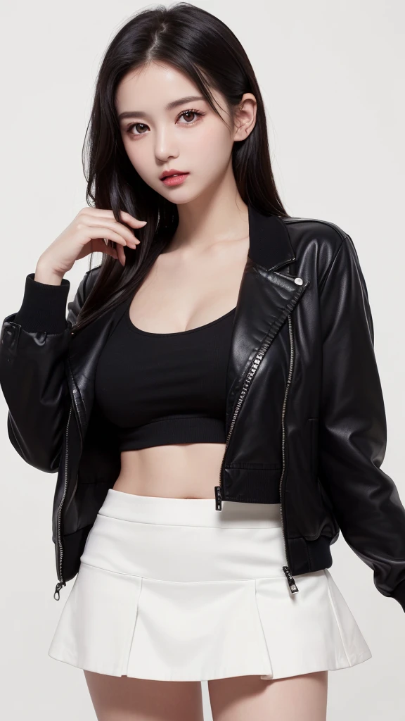 (((forehead、Northern Europe、White people、beautiful girl、Black Hair、White background、open jacket、mini skirt)))、table top, highest quality, figure, super detailed, finely, High resolution, 8k wallpaper, Perfect dynamic composition, detailed and beautiful eyes, Deco out,bionde, breasts, Natural color lip,white background, random cute poses,