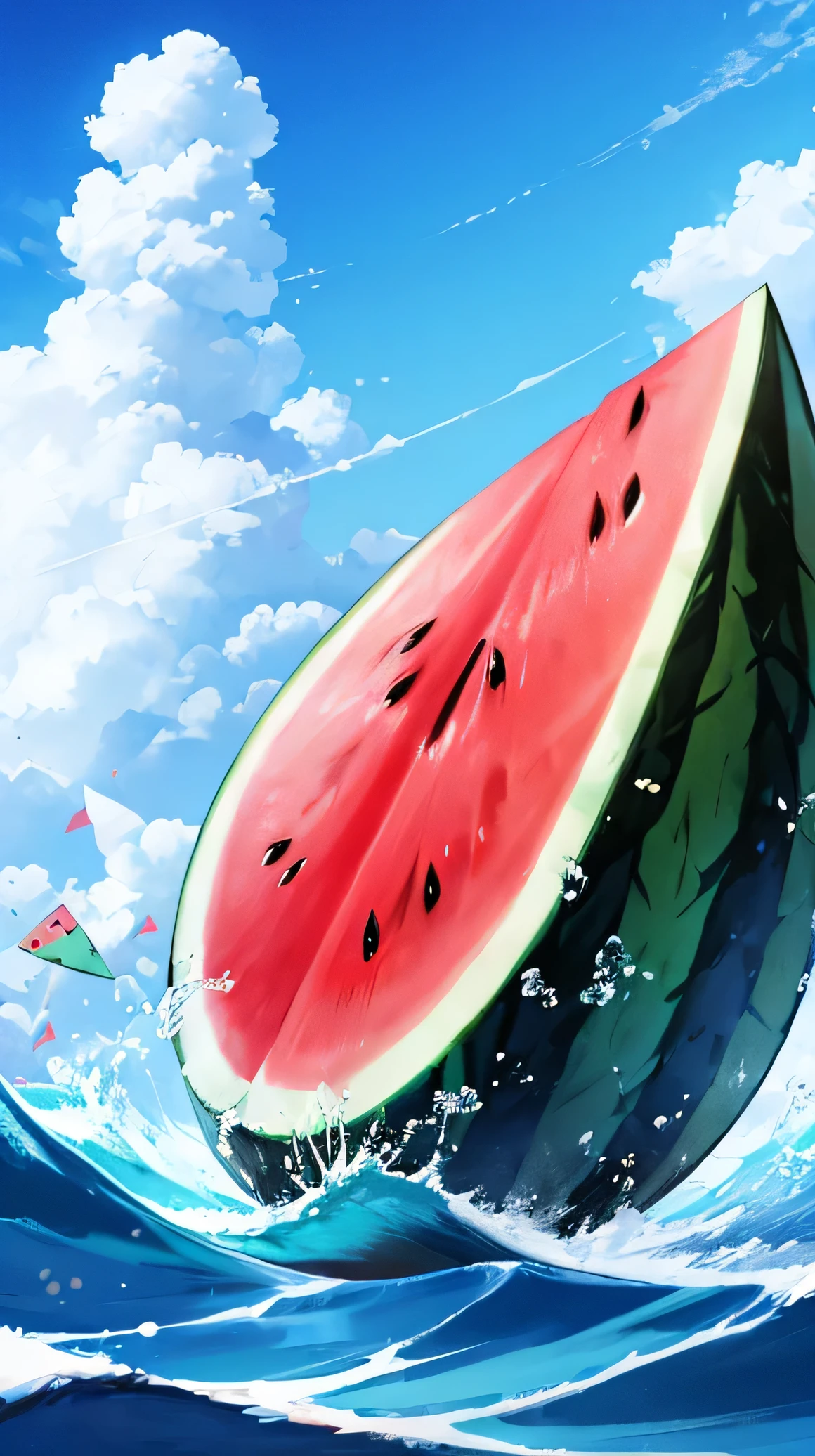 (best quality：1.4)，（Best results：1.4），（Ultra-clear picture quality：1.4），（Ultra-sharp details：1.2）,The watermelon-shaped boat charging forward，In the water，There are waves，There are other watermelons in the water, but all of them are not as big as the watermelon boat.，