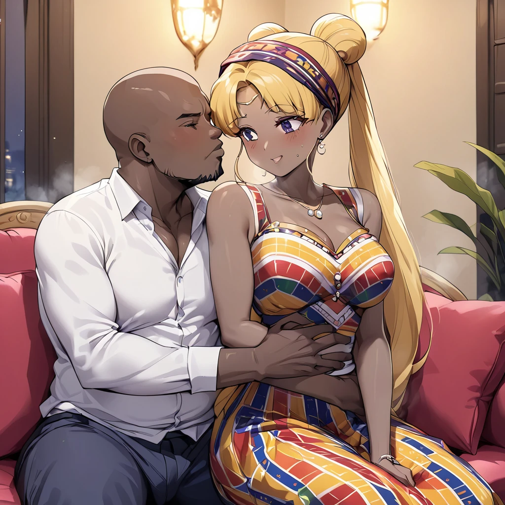 ((Highest quality)), ((masterpiece)), (detailed), (Perfect Face)、The woman is a black Ghanaian with vivid dark brown skin, Tsukino Usagi, and is wearing a gorgeous, colorful, glittering Ghanaian dress, a colorful turban head scarf, gorgeous jeweled accessories, and an engagement ring in a luxurious Ghanaian mansion. The woman and the man are sitting on a luxurious, large sofa in the luxurious room, and the woman is passionately embracing and passionately deep kissing the dignified, bearded, middle-aged Ghanaian man wearing Ghanaian traditional clothing, making passionate love as a married couple.、The woman is the elegant Tsukino Usagi, with long blonde hair in a chignon twin tail, wearing a colorful Ghanaian dress and a colorful turban head scarf, and has vivid dark brown skin.、(The woman is a black Ghanaian with vivid dark brown skin.)、The man is a dignified, burly, bearded Ghanaian man wearing a smock.