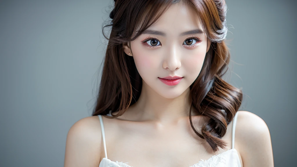 (Detailed face),vivid,chest,cute,White formal dress,4K,Ultra-high resolution,（Photorealistic：1.7）Gray background,Long Hair,