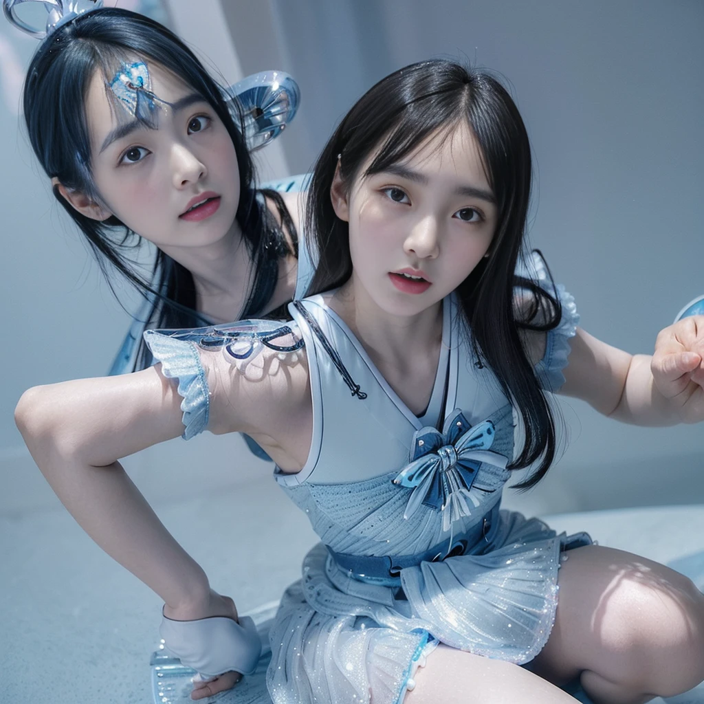 high quality, masterpiece, Very detailed, 8K, a beautiful Japanese woman:1.5, Small face, Black Hair, ((Woman crucified on the cross:1.5, Breast Augmentation Surgery)), (Detailed blue and light blue magical girl heroine outfit:1.5), remote_play, remote_Vibrate、 (climax:1.5)